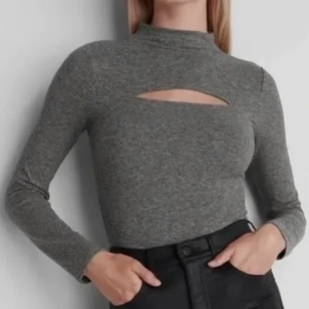 Express Body Contour Cozy Mock Neck Cutout Bodysuit Charcoal Grey Size  XS